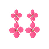 Dangle earrings with hot pink flower design, adorned with cubic zirconia and rose enamel, set in 18K gold plating.